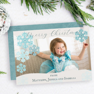 Cartes Pour Fêtes Annuelles Joyeux Noël Flocons de Neige Sarcelle Une Photo