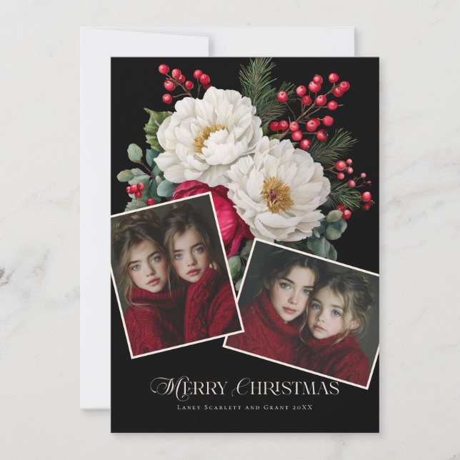 Cartes Pour Fêtes Annuelles Joyeux Noël floral de pivoine de vacances 2 photo (Devant)