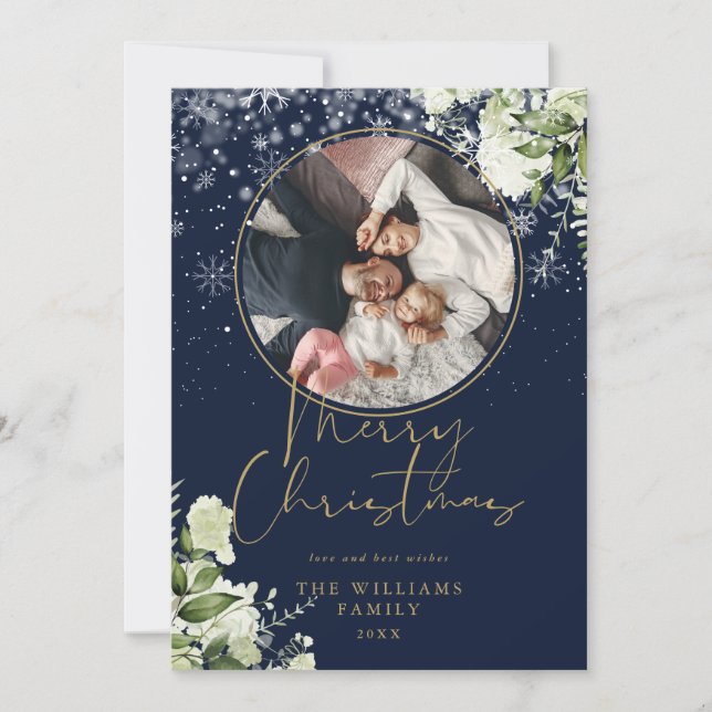 Cartes Pour Fêtes Annuelles Joyeux Noël Floral Neige Or Et Bleu Photo (Devant)