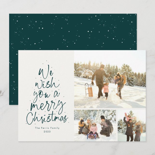 Cartes Pour Fêtes Annuelles Joyeux Noël fun vert trois photo famille (Devant / Derrière)