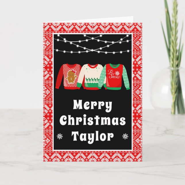 Cartes Pour Fêtes Annuelles Joyeux Noël Gaffes Sweaters Rouge avec nom (Devant)
