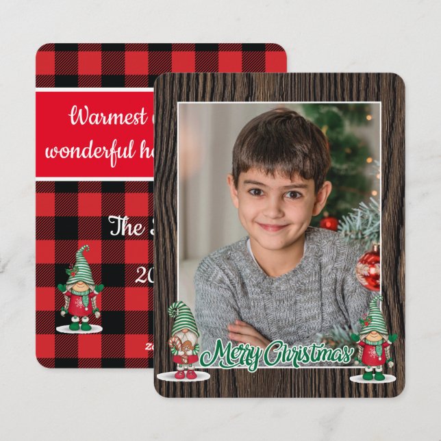 Cartes Pour Fêtes Annuelles Joyeux Noël gnomes carreaux (ajoutez votre photo)  (Devant / Derrière)