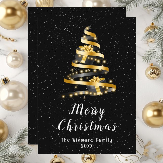 Cartes Pour Fêtes Annuelles Joyeux Noël Gold et Black Ribbon (Créateur téléchargé)