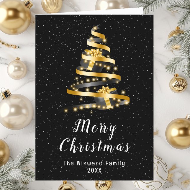 Cartes Pour Fêtes Annuelles Joyeux Noël Gold et Black Ribbon (Créateur téléchargé)