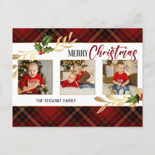 Cartes Pour Fêtes Annuelles Joyeux Noël Gold Feuilles 3 photos Red Tartan