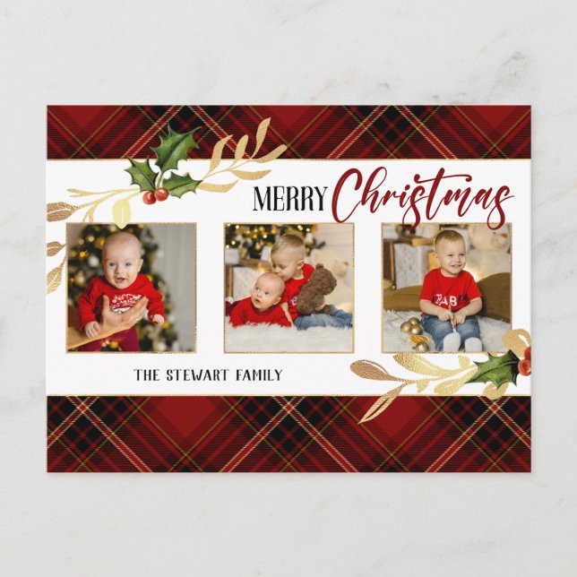 Cartes Pour Fêtes Annuelles Joyeux Noël Gold Feuilles 3 photos Red Tartan (Devant)