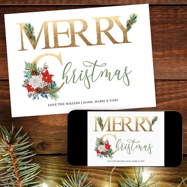 Cartes Pour Fêtes Annuelles Joyeux Noël Gold Green Poinsettia et pin (Merry Christmas Card. Buy professionally printed or as a printable digital download.)