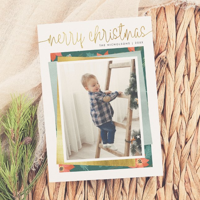 Cartes Pour Fêtes Annuelles Joyeux Noël Gold Script & Pile photo de vacances (Créateur téléchargé)