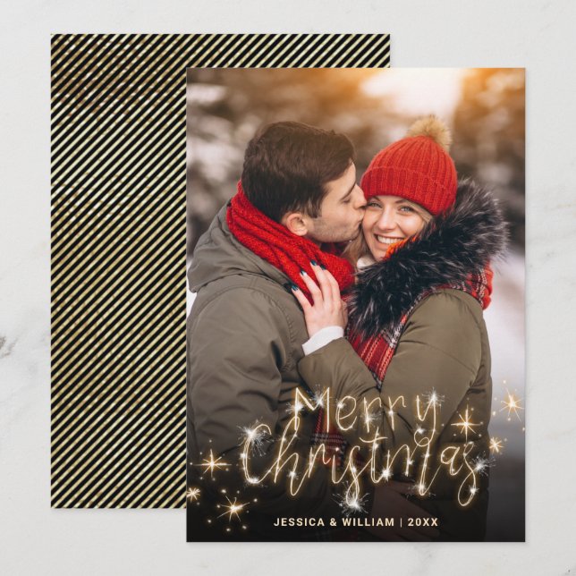 Cartes Pour Fêtes Annuelles Joyeux Noël Gold Sparkle Script PHOTO Salutation (Devant / Derrière)