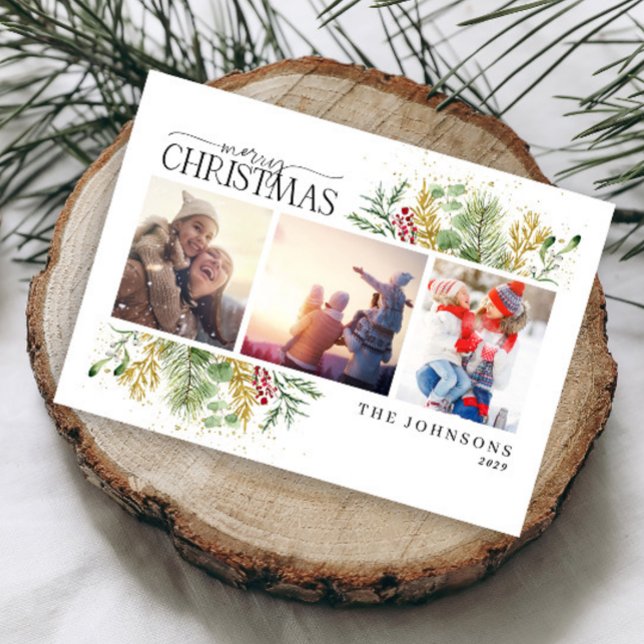 Cartes Pour Fêtes Annuelles Joyeux Noël Gold Winter Botanique Photo Vacances (Créateur téléchargé)