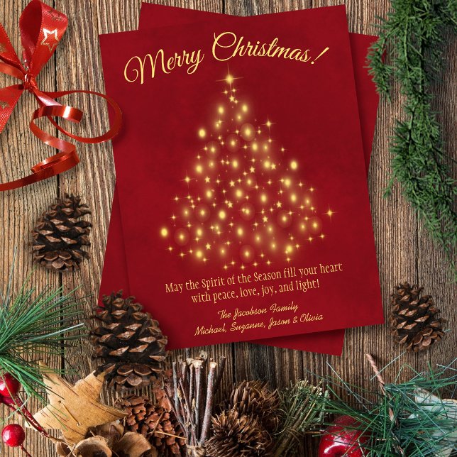 Cartes Pour Fêtes Annuelles Joyeux Noël! Golden Lights Tree sur Lush Red (In Situ Front/Back)