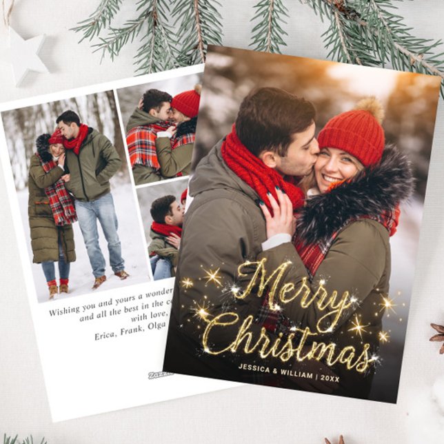Cartes Pour Fêtes Annuelles Joyeux Noël Golden Sparkle 4 PHOTO Salutation (Créateur téléchargé)
