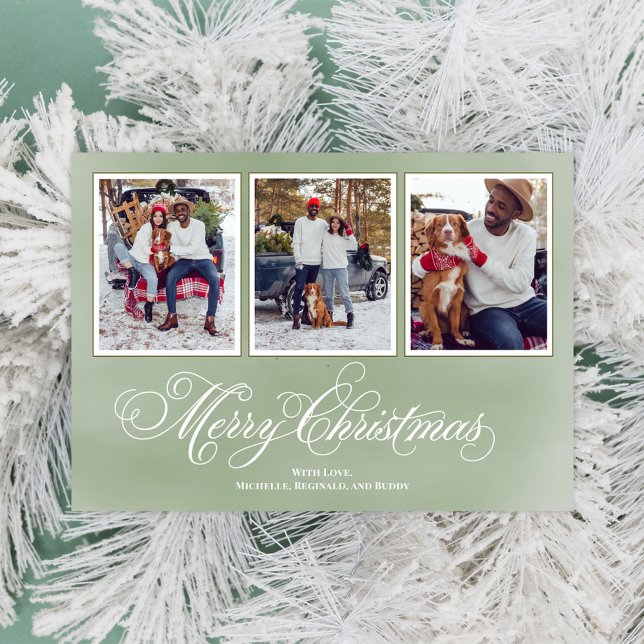 Cartes Pour Fêtes Annuelles Joyeux Noël Green Script Photo Collage (Merry Christmas fancy calligraphy script vertical multi photo card. )
