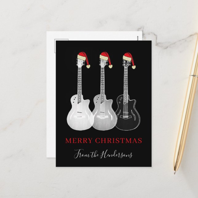 Cartes Pour Fêtes Annuelles Joyeux Noël guitare noir et blanc (Devant/Arrière en situation)