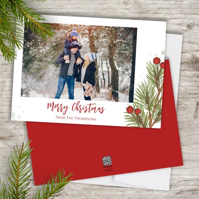 Cartes Pour Fêtes Annuelles Joyeux Noël hiver Red Holly Berries 1 Photo (Merry Christmas watercolor greenery holiday photo card template. )