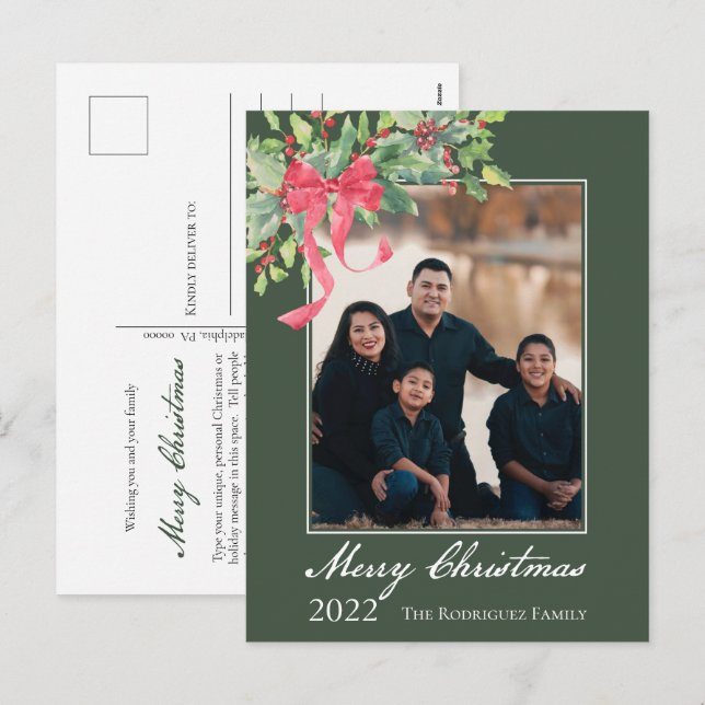 Cartes Pour Fêtes Annuelles Joyeux Noël Holly et Berry Greenery Photo Hol (Devant / Derrière)