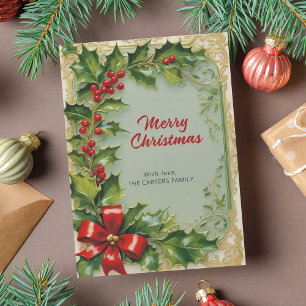 Cartes Pour Fêtes Annuelles Joyeux Noël Holly Feuille cadre de ruban rouge