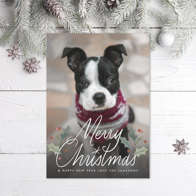 Cartes Pour Fêtes Annuelles Joyeux Noël Holly Hand Letting photo (Créateur téléchargé)