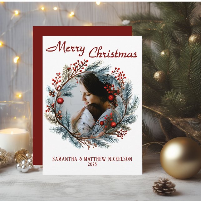 Cartes Pour Fêtes Annuelles Joyeux Noël Holly Wreath Photo Holiday Card (Créateur téléchargé)
