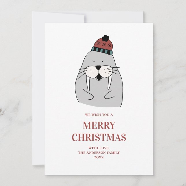 Cartes Pour Fêtes Annuelles Joyeux Noël. Joli morse d'hiver. Animal drôle (Devant)