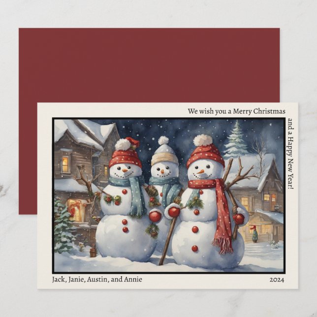 Cartes Pour Fêtes Annuelles Joyeux Noël Joyeux Nouvel An Trois Joyeux Snowmen (Devant / Derrière)