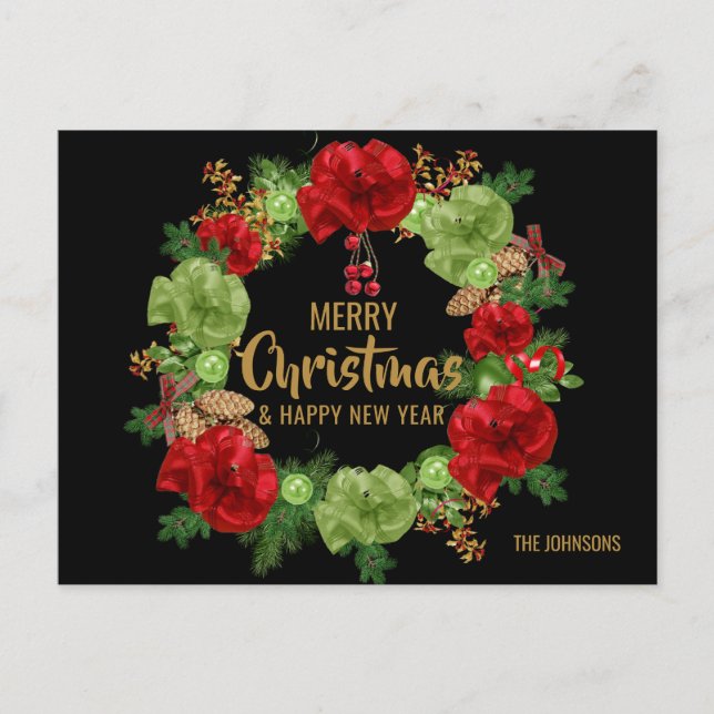 Cartes Pour Fêtes Annuelles Joyeux Noël Joyeux Nouvel An Wreath Black Gold (Devant)