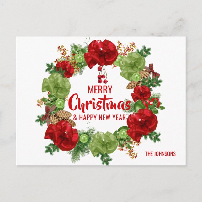 Cartes Pour Fêtes Annuelles Joyeux Noël Joyeux Nouvel An Wreath White (Devant)