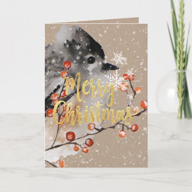 Cartes Pour Fêtes Annuelles Joyeux Noël Kraft Sparrow and Berries (Devant)