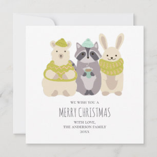 Cartes Pour Fêtes Annuelles Joyeux Noël. Lama d'hiver, raton laveur, lapin