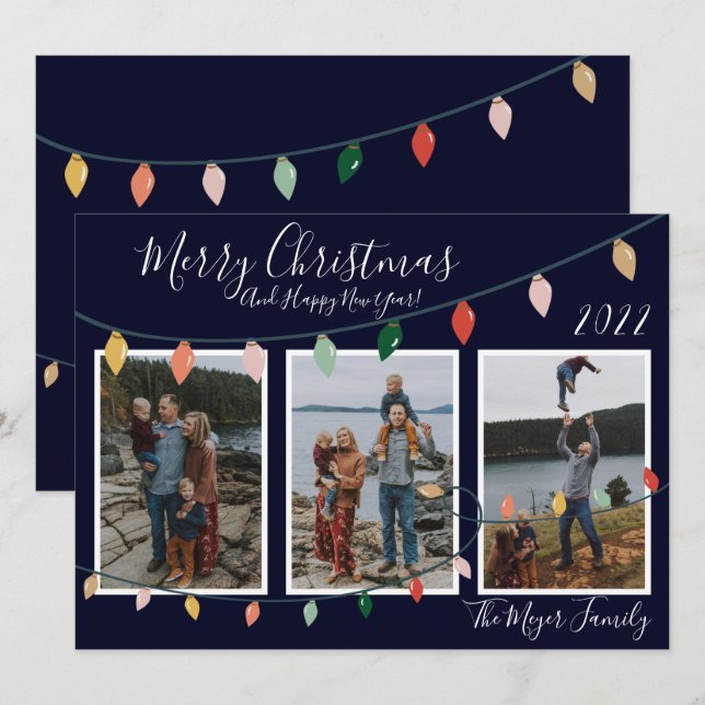Cartes Pour Fêtes Annuelles Joyeux Noël Lumières Minuit Bleu Photo (Devant / Derrière)