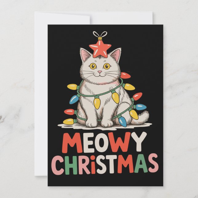 Cartes Pour Fêtes Annuelles Joyeux Noël Meowy Drôle Mignon Chat Lumières de No (Devant)