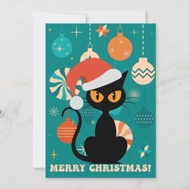 Cartes Pour Fêtes Annuelles Joyeux Noël MidCentury Chat moderne à Santa Hat (Devant)