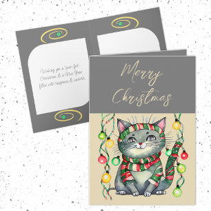 Cartes Pour Fêtes Annuelles Joyeux Noël mignon chatte souriant baubles gris
