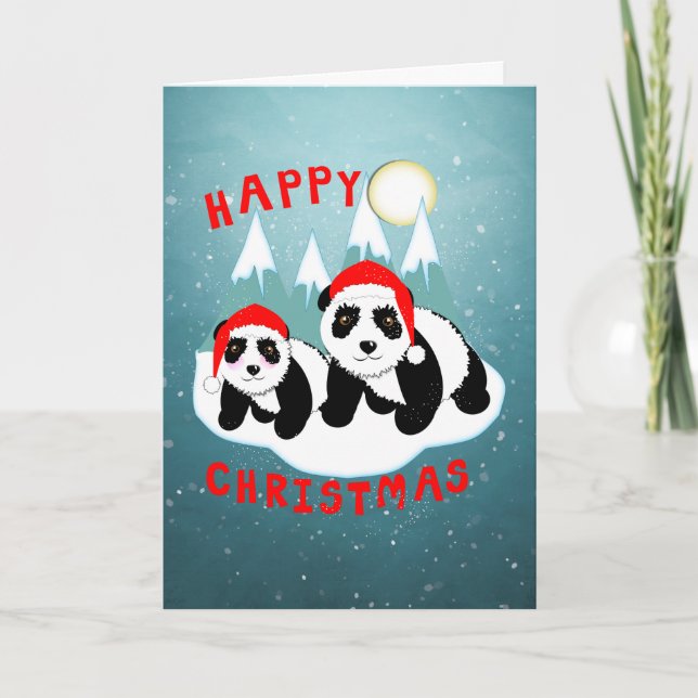 Cartes Pour Fêtes Annuelles Joyeux Noël mignon Pandas personnalisés (Devant)