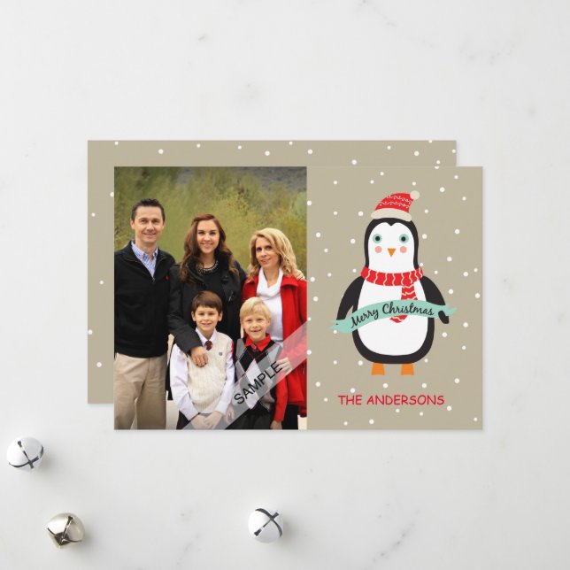 Cartes Pour Fêtes Annuelles Joyeux Noël mignon Penquin Photo personnalisée (Devant/Arrière en situation)