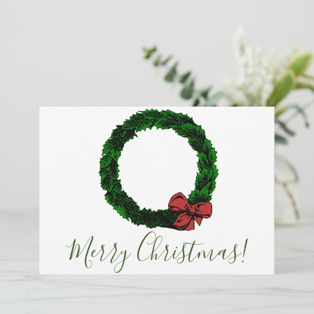 Cartes Pour Fêtes Annuelles Joyeux Noël minimaliste Pine Wreath & Red Bow (Debout devant)