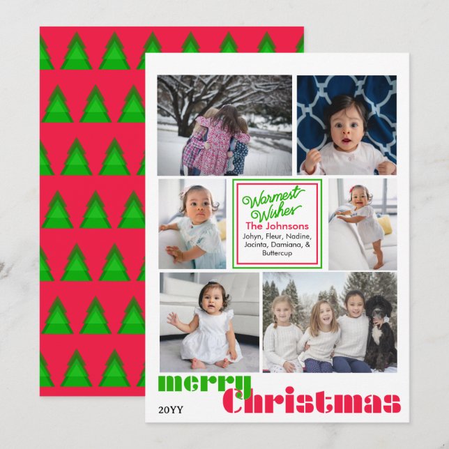 Cartes Pour Fêtes Annuelles joyeux Noël moderne 6 photo Rouge et vert (Devant / Derrière)