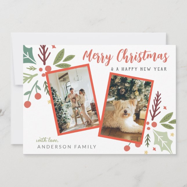 Cartes Pour Fêtes Annuelles Joyeux Noël moderne Berry Foliing Deux photos (Devant)