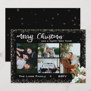 Cartes Pour Fêtes Annuelles Joyeux Noël moderne Black Photo Neige Florales