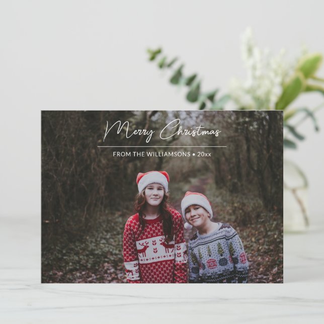 Cartes Pour Fêtes Annuelles Joyeux Noël moderne blanc Script superposé photo (Debout devant)