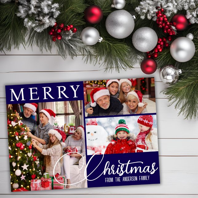 Cartes Pour Fêtes Annuelles Joyeux Noël Moderne Bleu Et Blanc Trois Photo (Merry Christmas Modern Blue And White Three Photo Holiday Card)