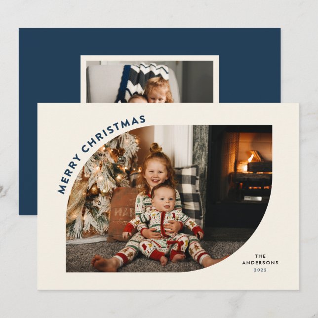 Cartes Pour Fêtes Annuelles Joyeux Noël moderne Cadre lettres bleues (Devant / Derrière)