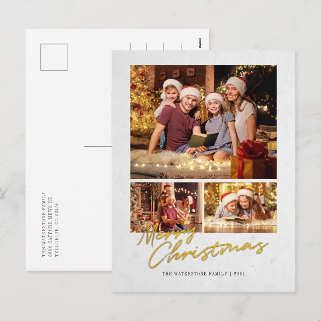 Cartes Pour Fêtes Annuelles Joyeux Noël moderne Famille Faux Gold Photo (Devant / Derrière)