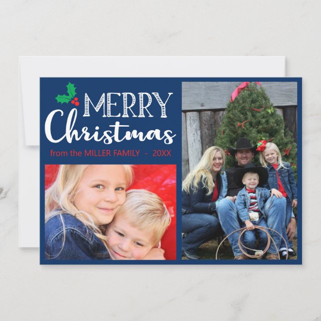 Cartes Pour Fêtes Annuelles Joyeux Noël moderne Famille Photo Bleu Rouge Vert (Devant)