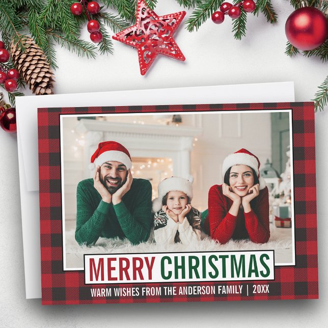 Cartes Pour Fêtes Annuelles Joyeux Noël moderne Famille Photo Rouge Plaid (Customize to add text to back of card.)