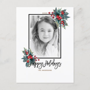Cartes Pour Fêtes Annuelles Joyeux Noël moderne Holly Berry & Stripes Photo