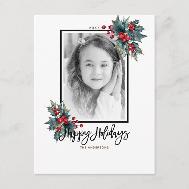 Cartes Pour Fêtes Annuelles Joyeux Noël moderne Holly Berry & Stripes Photo (Devant)
