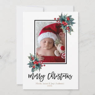 Cartes Pour Fêtes Annuelles Joyeux Noël moderne Holly Berry & Stripes Photo