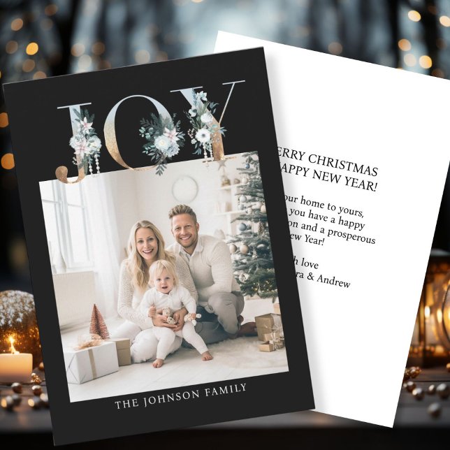 Cartes Pour Fêtes Annuelles Joyeux Noël ! Moderne, or noir, photo (Customer specific "Joy-Merry Christmas" black-gold, photo holiday card. )