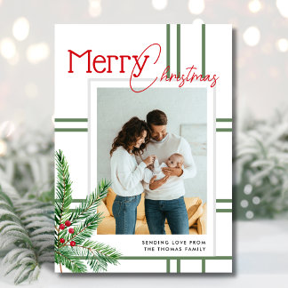 Cartes Pour Fêtes Annuelles Joyeux Noël moderne | Photo Plaid Vert